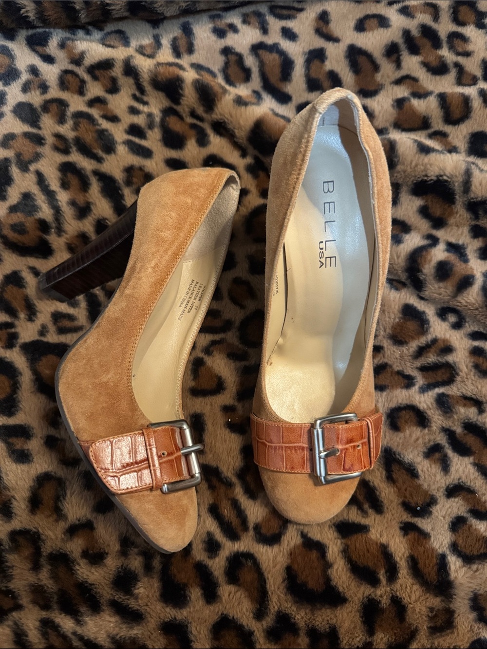 Tan Suede Heels with Buckle Accent